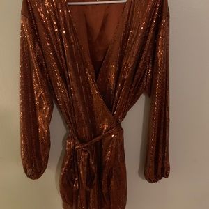 Copper sequin wrap dress